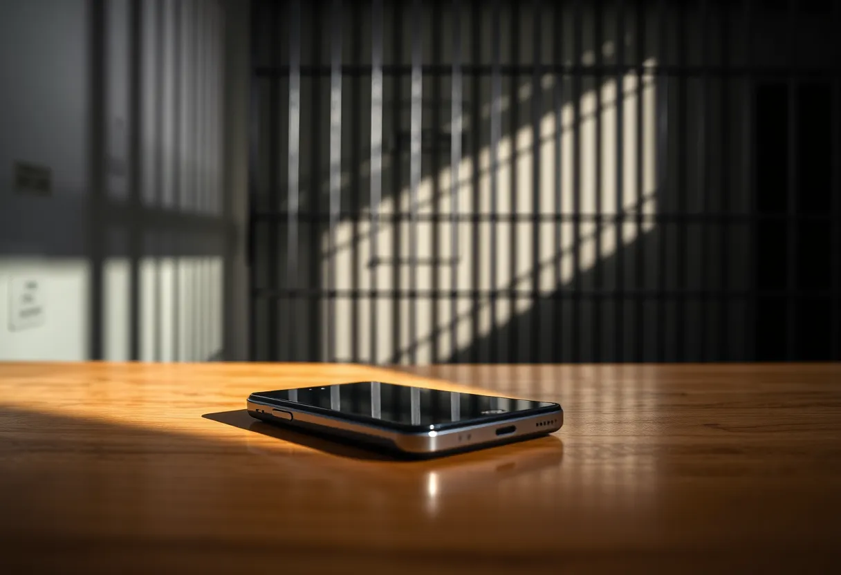 Contraband cell phone in a prison cell representing drug trafficking