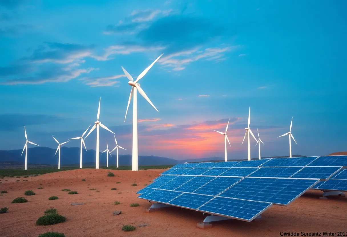 Renewable energy sources including wind turbines and solar panels symbolizing Duke Energy's transition strategy.