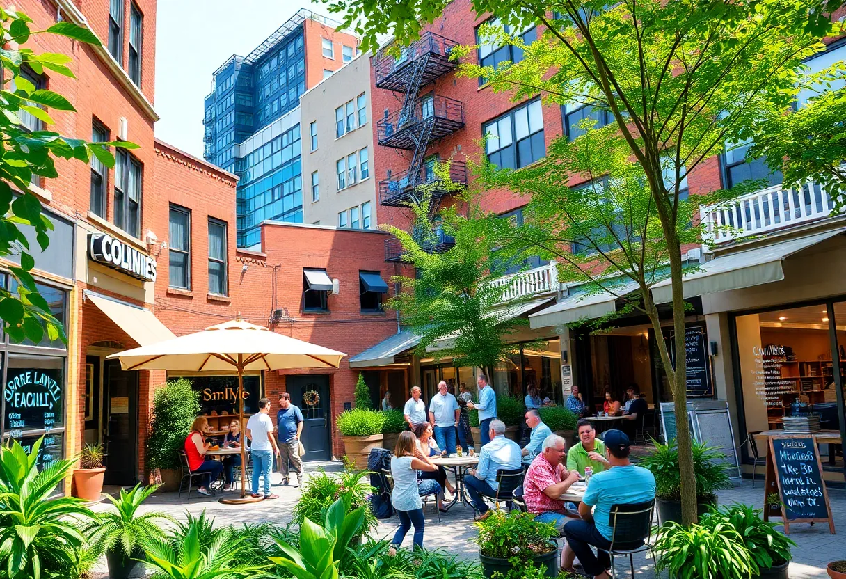 Community scene at Eastland Yards with local businesses.