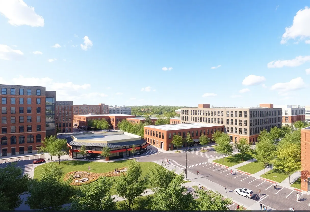 An illustration of Eastland Yards showing residential and commercial spaces alongside green areas.