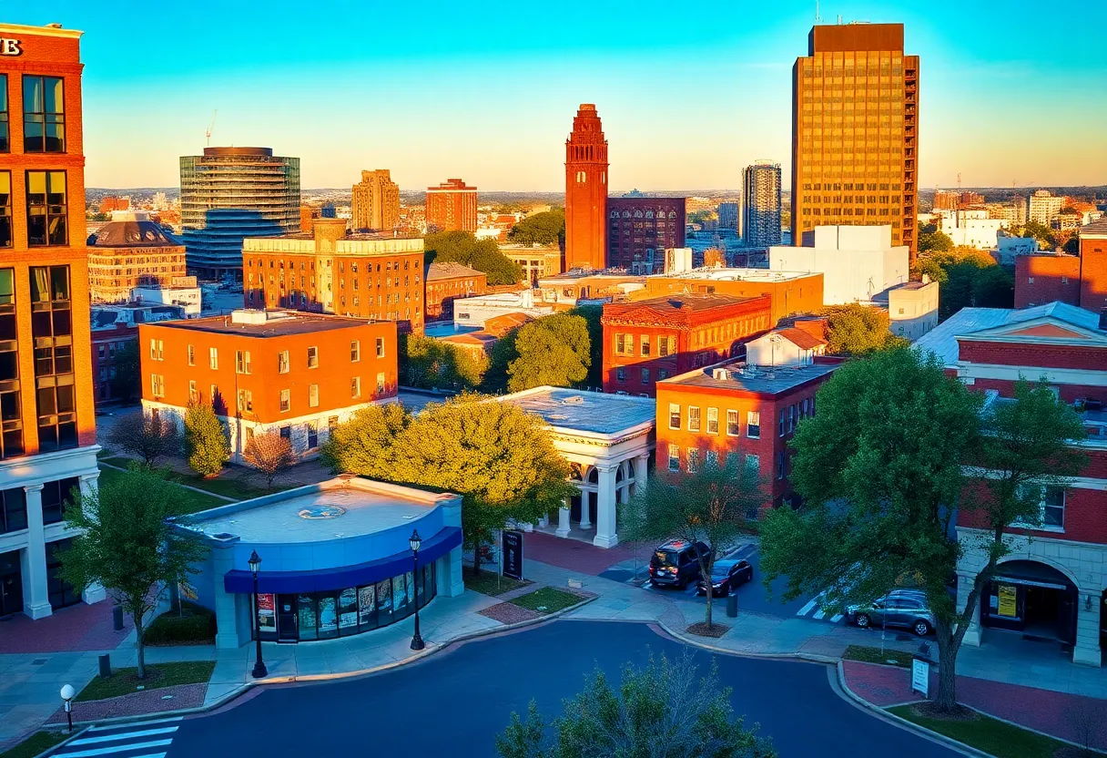 Cityscape of Columbia SC with financial institutions and vibrant community business scene.