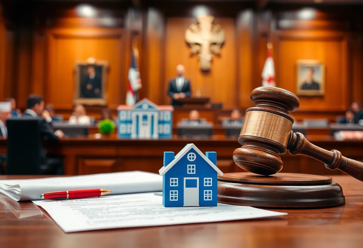 Courtroom scene of a legal battle on education funding