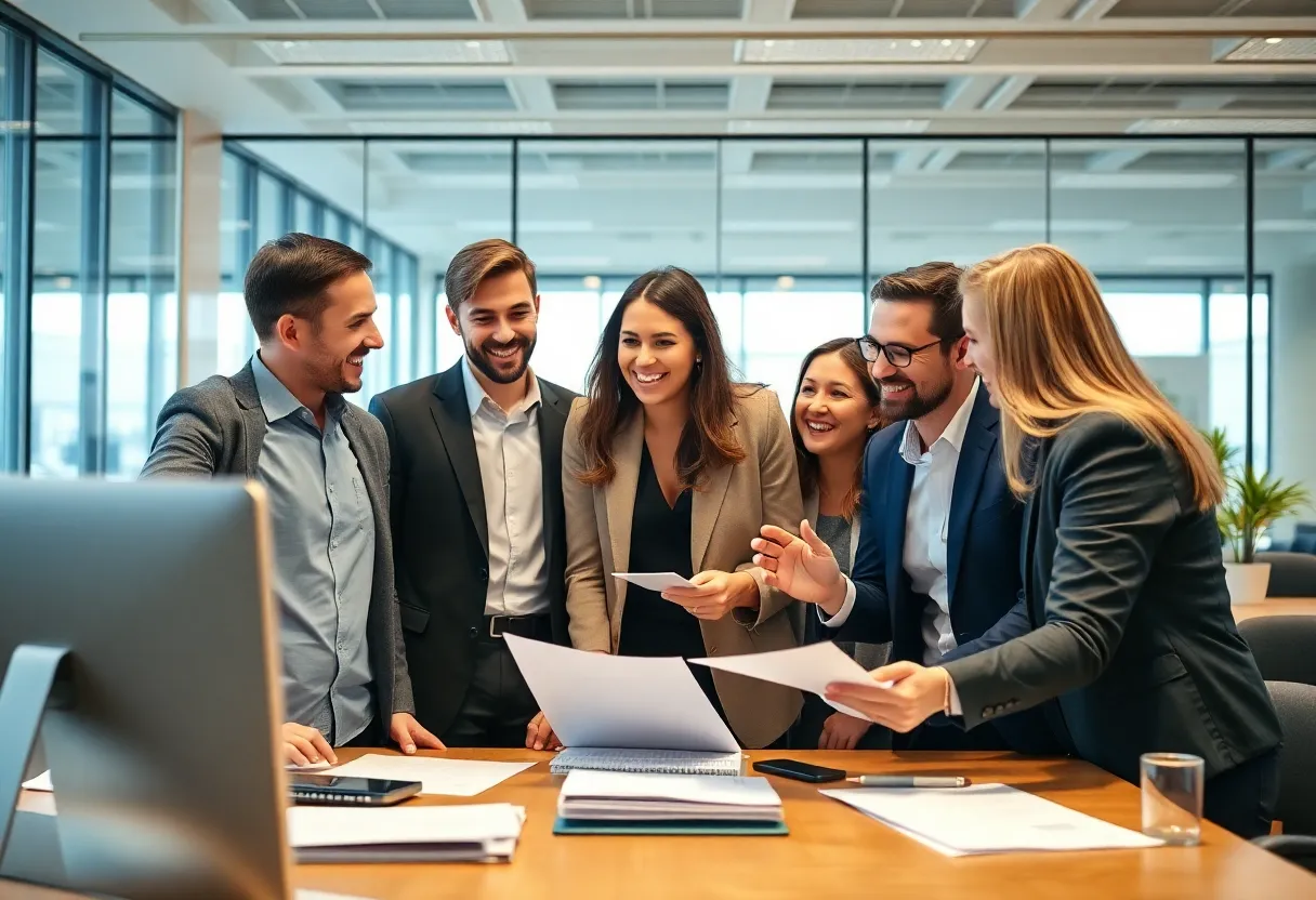 Employees in a meeting discussing savings strategies