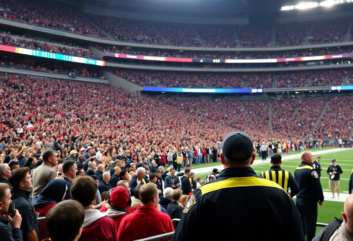 Crowd of fans at a NFL game with visible security presence