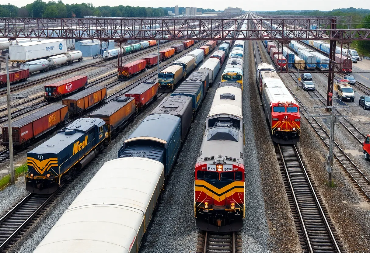 Freight trains in a North Carolina rail yard showcasing economic activity.