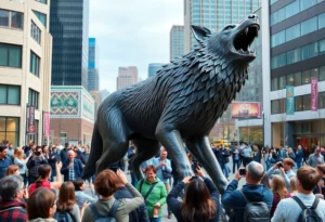 Majestic 10-foot werewolf sculpture in Plaza Midwood, Charlotte.
