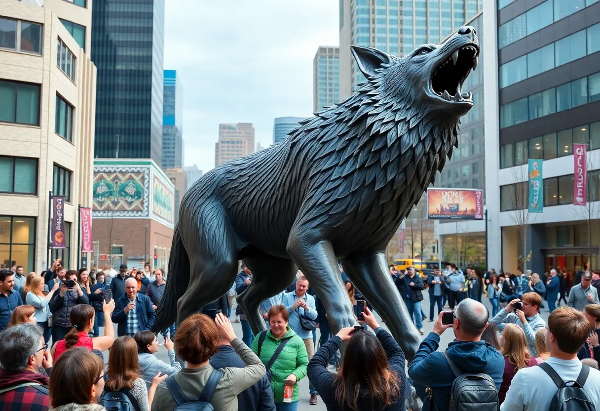 Majestic 10-foot werewolf sculpture in Plaza Midwood, Charlotte.