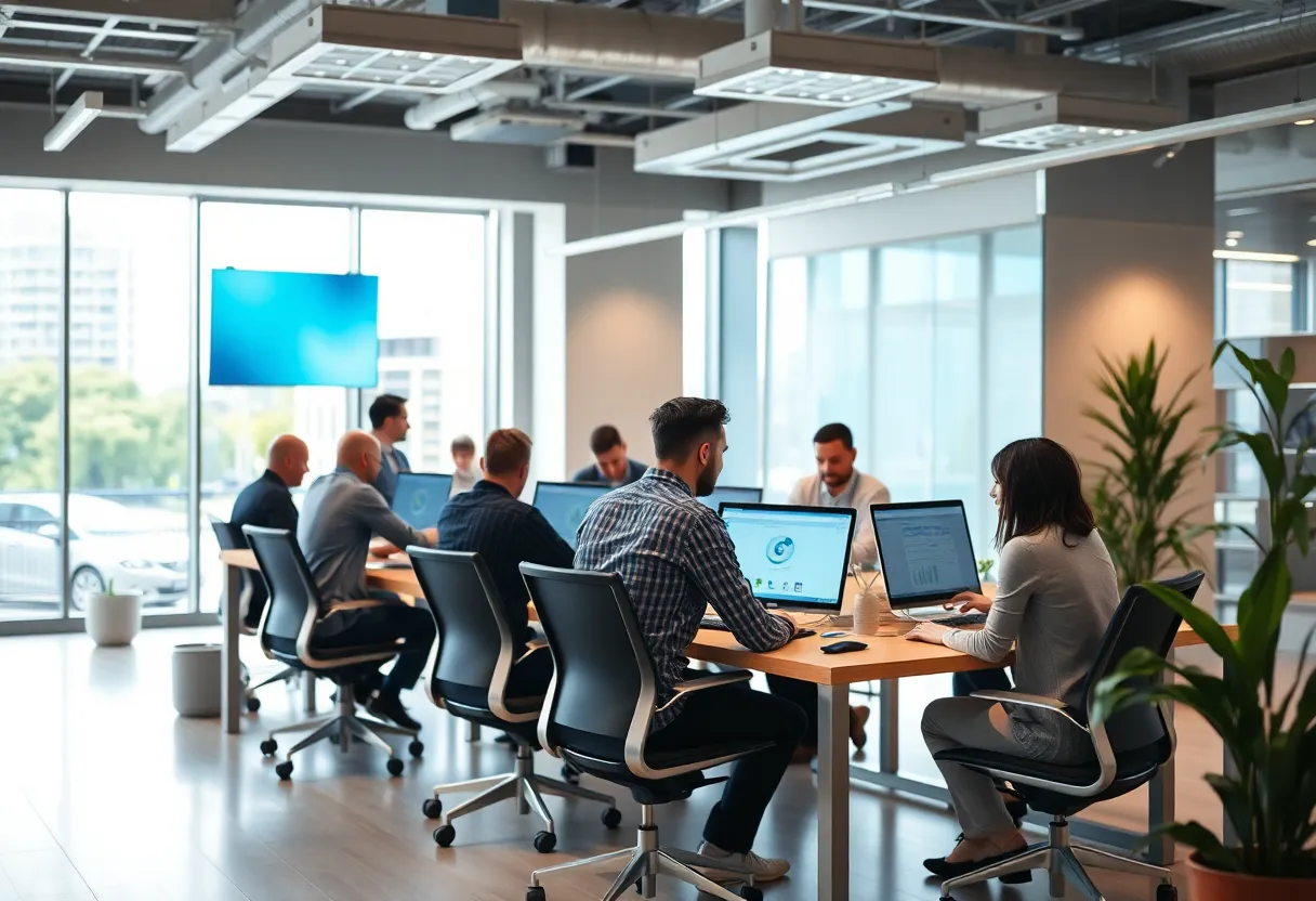 Interior of The Hartford's technology hub in Columbus, Ohio, showcasing a collaborative workspace.