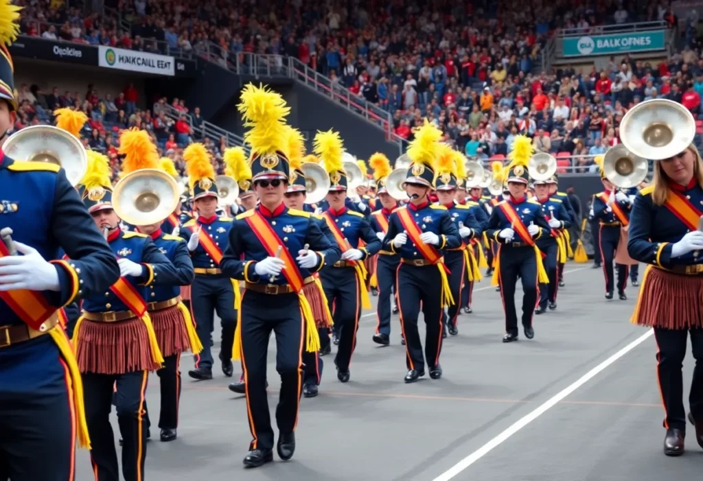 Marching bands performing at the HBCU Battle of the Bands in Charlotte.