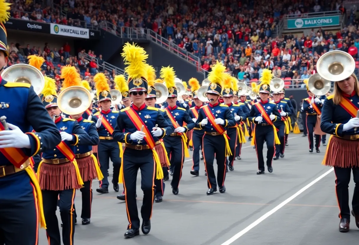 Marching bands performing at the HBCU Battle of the Bands in Charlotte.