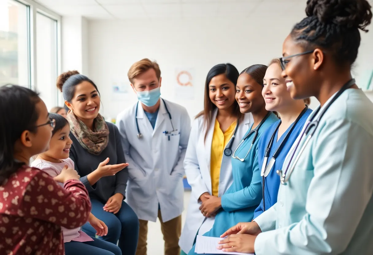 Healthcare professionals in a clinic discussing immunization schedules.