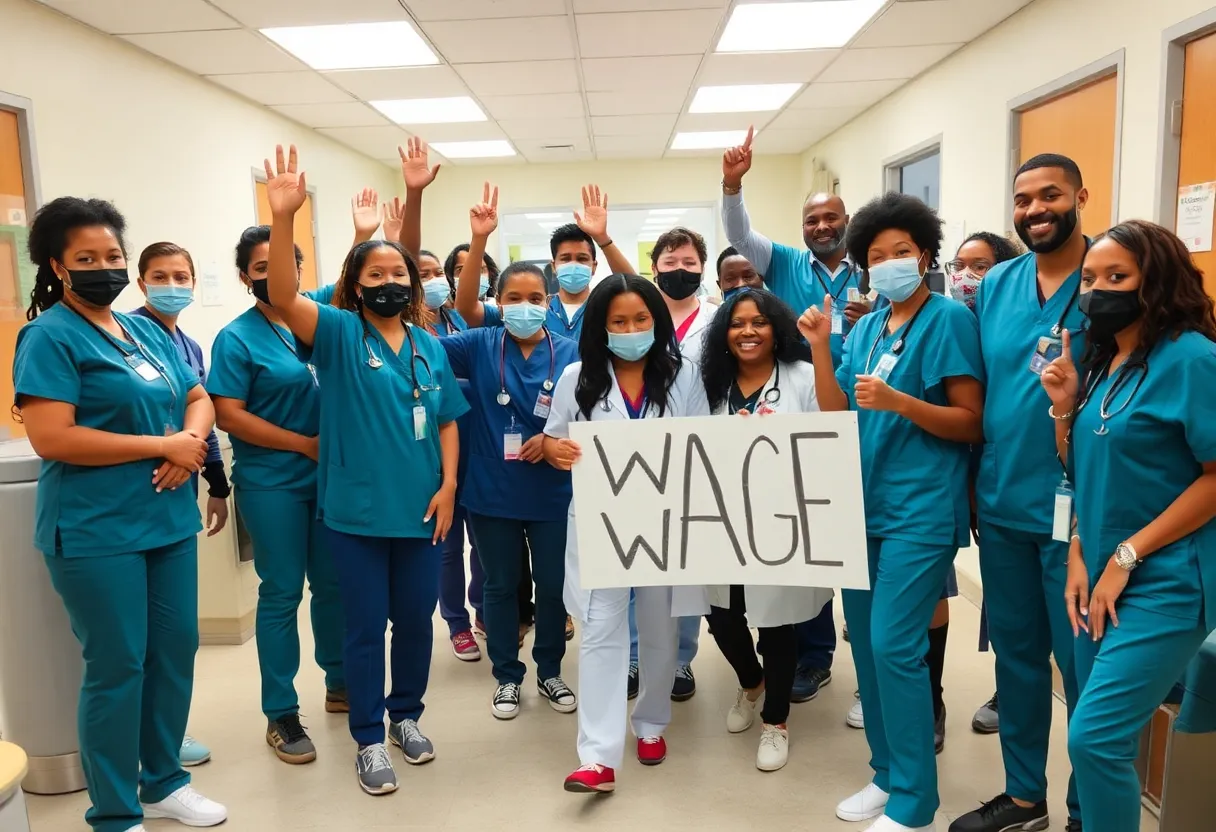 Diverse healthcare workers celebrating their wage increase