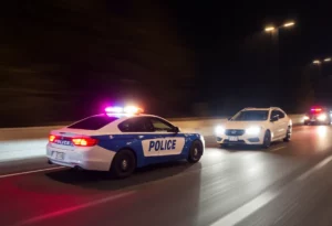 Police vehicle in pursuit of a speeding car at night