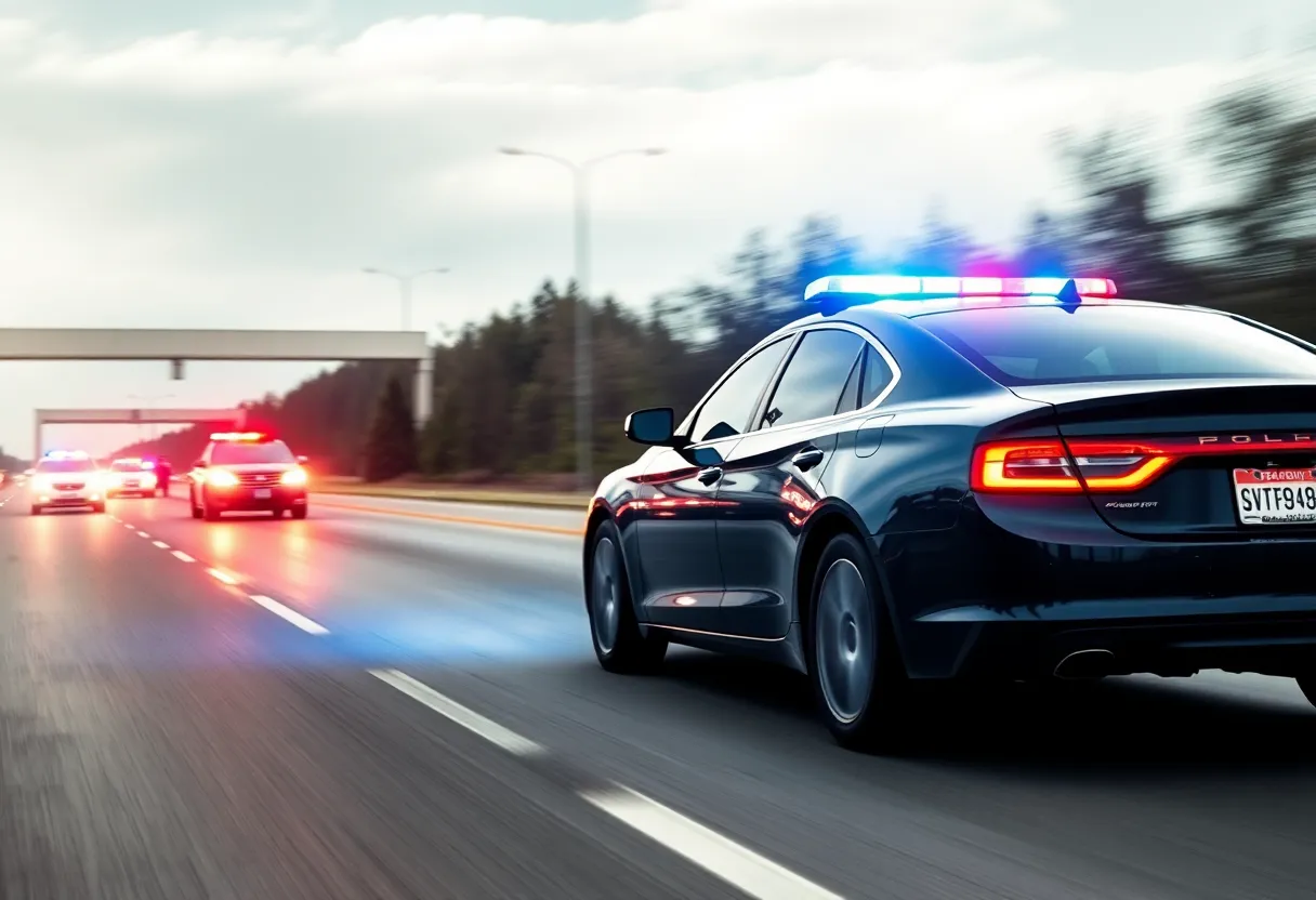 Car speeding on highway with police lights flashing