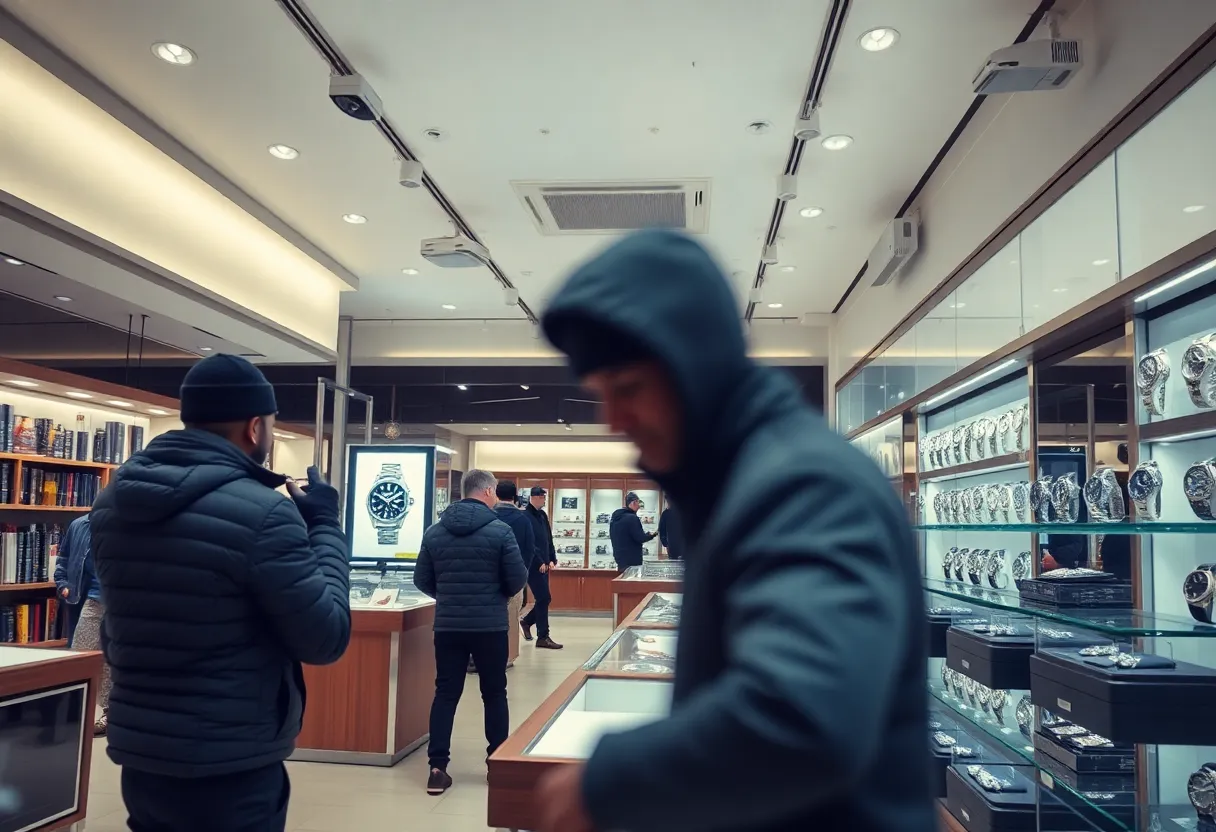 Surveillance image capturing theft at luxury watch store in SouthPark