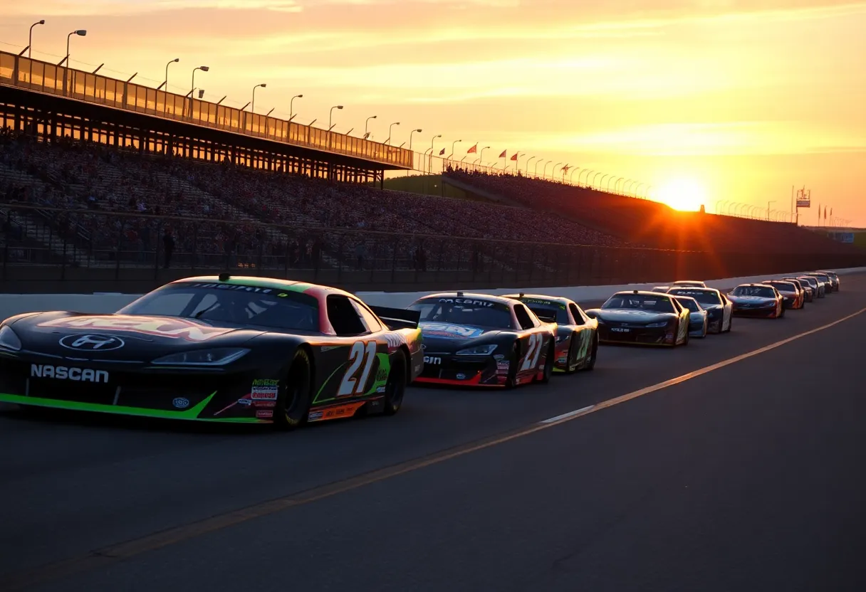 A vibrant scene of NASCAR cars racing during practice at Charlotte Motor Speedway.
