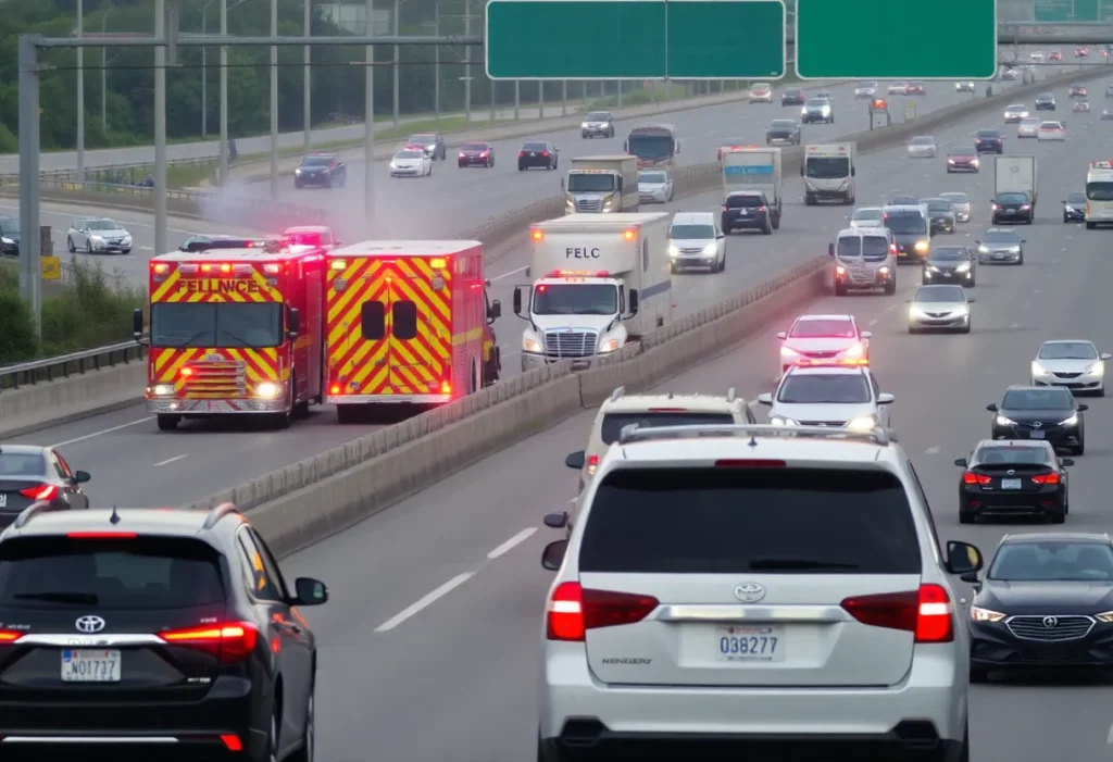Emergency vehicles at the scene of a multi-vehicle crash on I-485 in south Charlotte