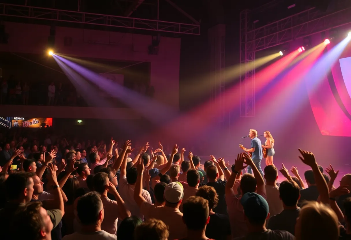 Concert scene of Ian Munsick performing with a engaged audience.
