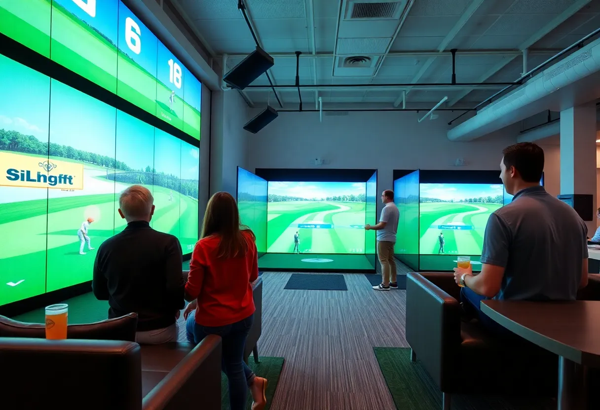 Golf enthusiasts enjoying indoor golf simulators at Back Nine Golf in Charlotte.