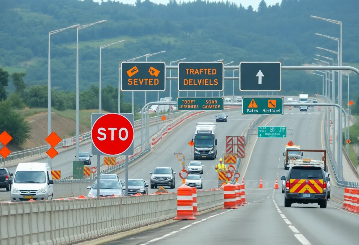 Traffic on Interstate 485 during construction with barriers