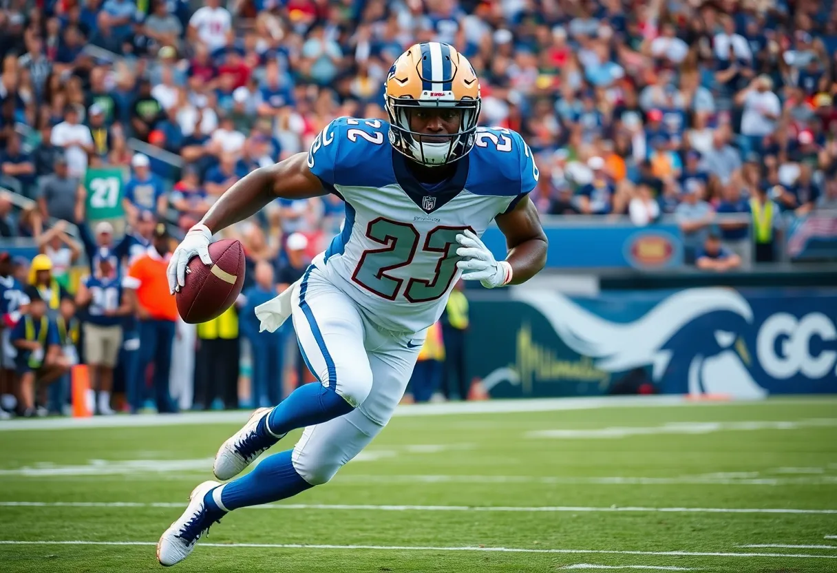 Football player making an impressive catch during a game