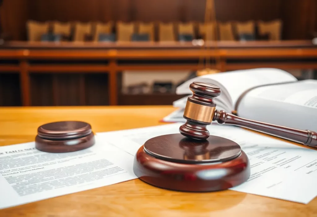 A gavel on a wooden court desk in a courtroom.
