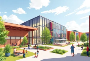 Illustration of the Levine Museum of the New South's new campus in Charlotte's South End with modern design.