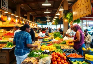 A bustling food market in Columbia SC featuring local vendors and diverse culinary options.
