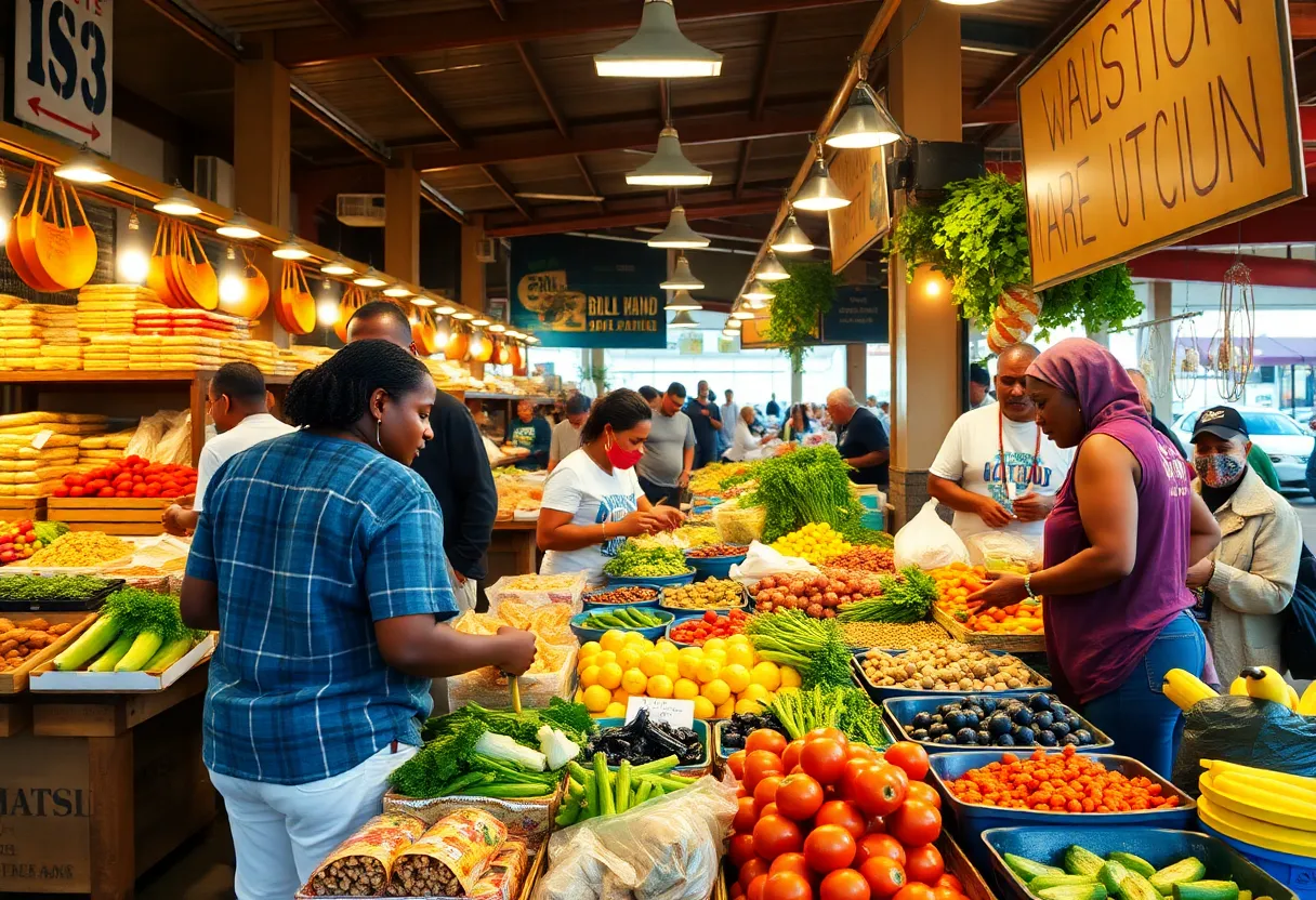 A bustling food market in Columbia SC featuring local vendors and diverse culinary options.