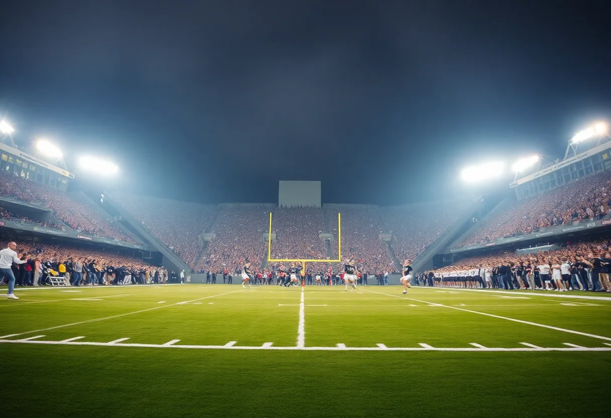Celebration as a kicker scores the winning field goal in a college football game