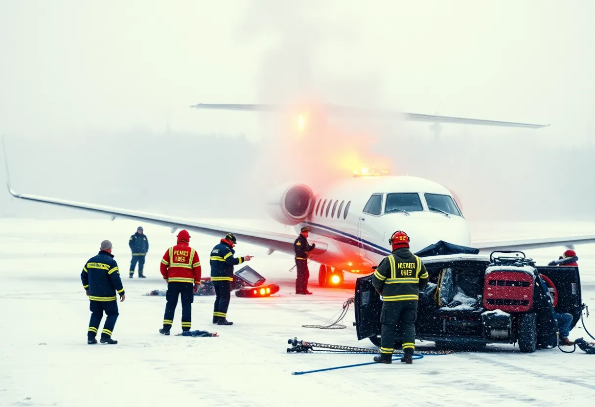 Emergency responders at the private jet crash site in snowstorm