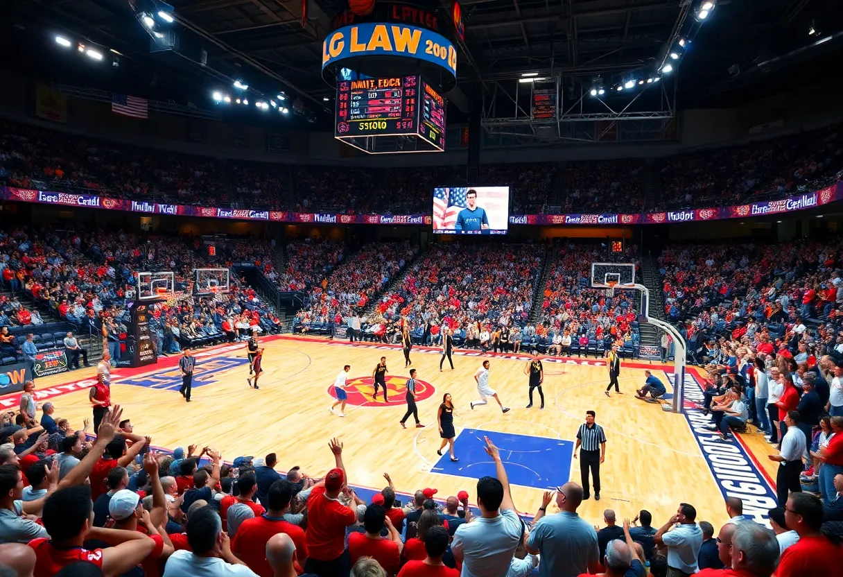 Energetic basketball game during March Madness in a packed arena