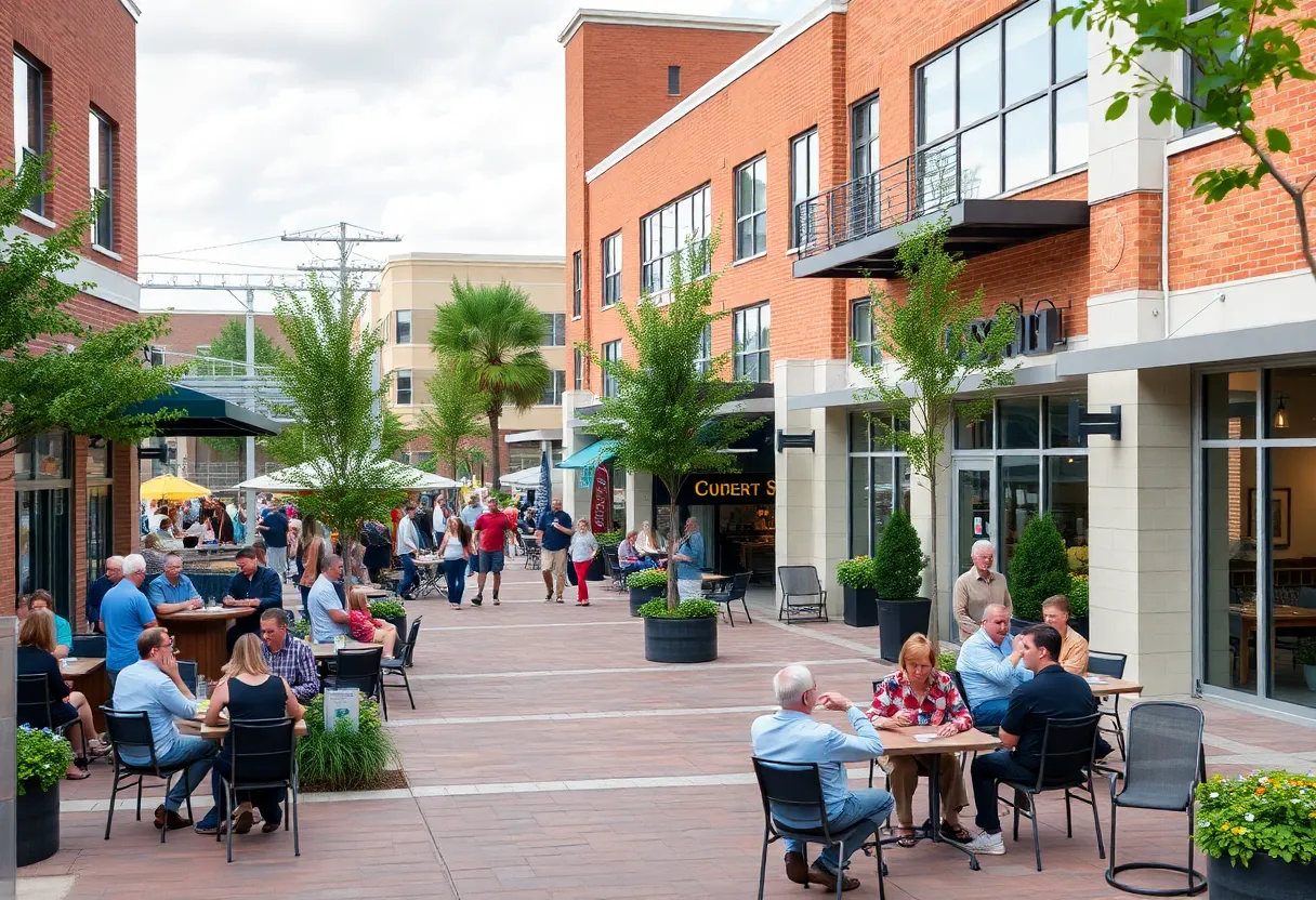 A vibrant scene of Matthews NC with new businesses and community life.