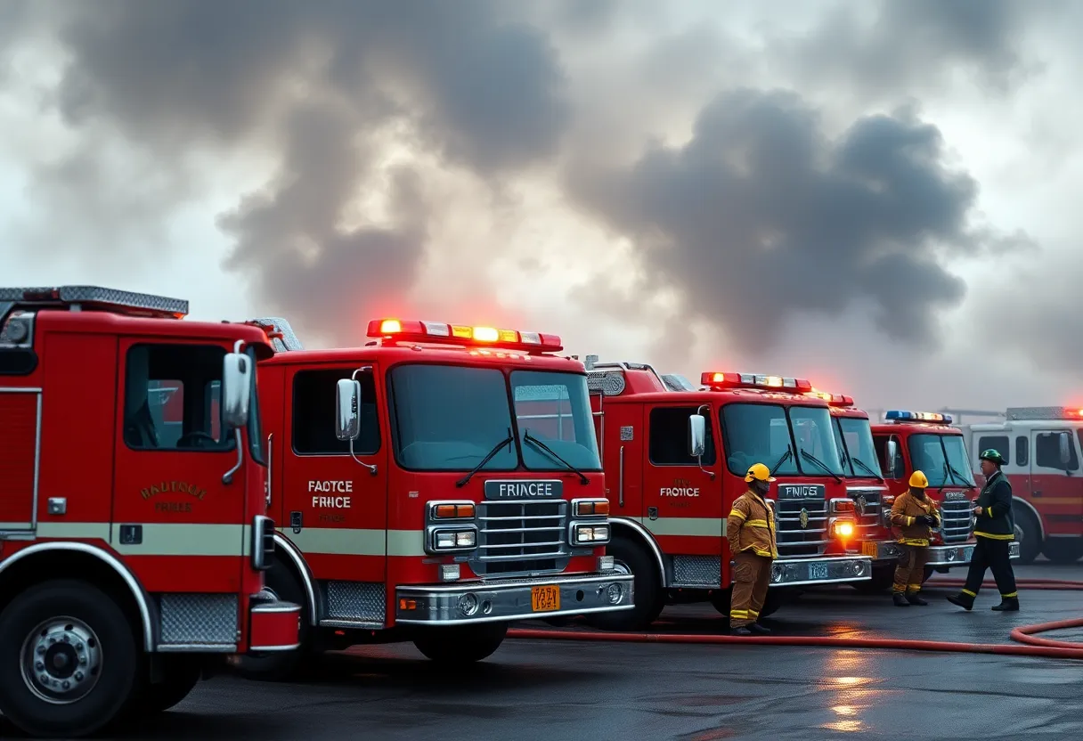 Fire department response scene with fire trucks.