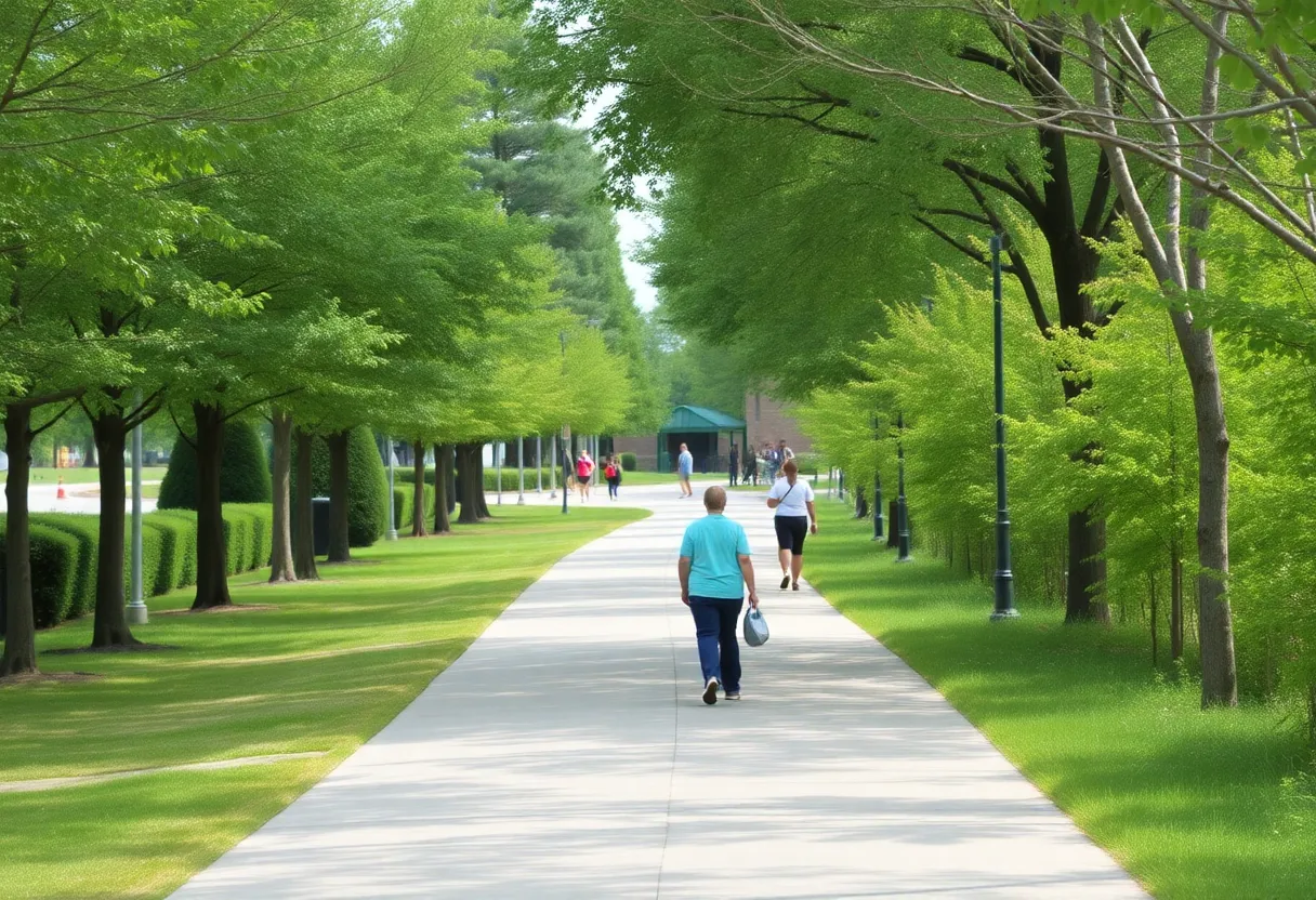 Vibrant paved greenway trail in Mecklenburg County with trees and pedestrians