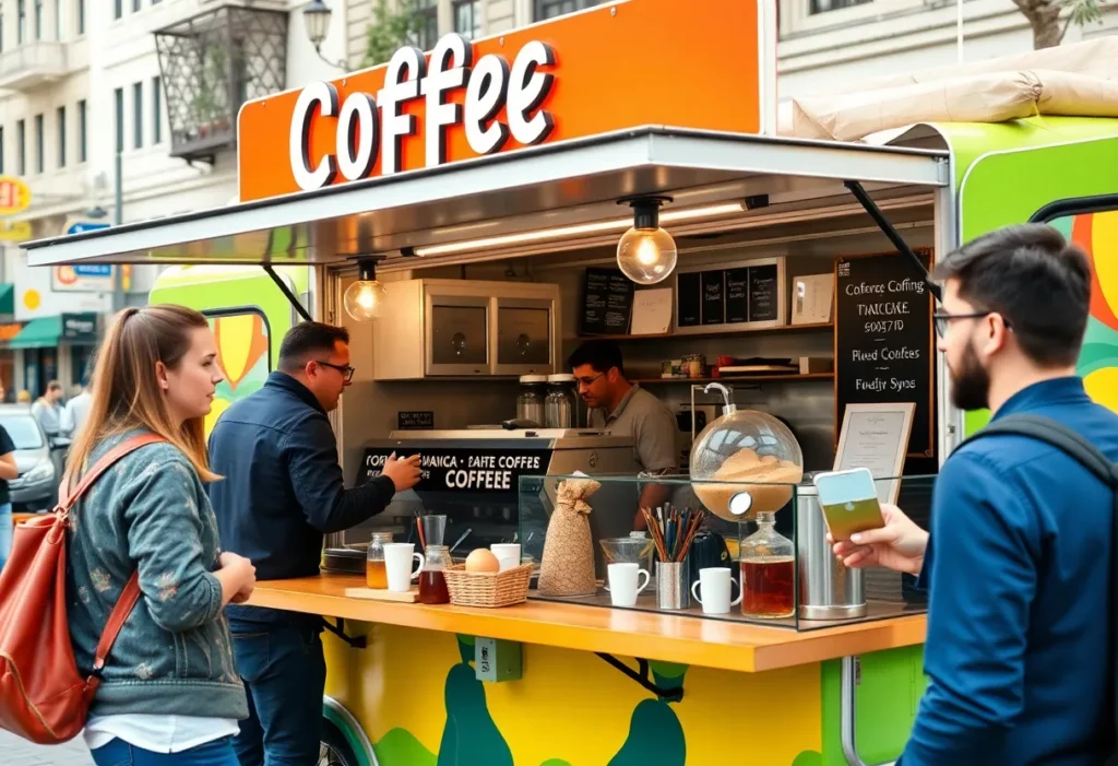 Mobile coffee shop serving customers