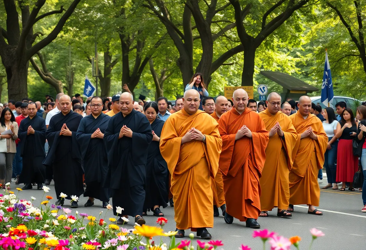 Buddhist monks walking with community members during the Walk for Peace in Raleigh.