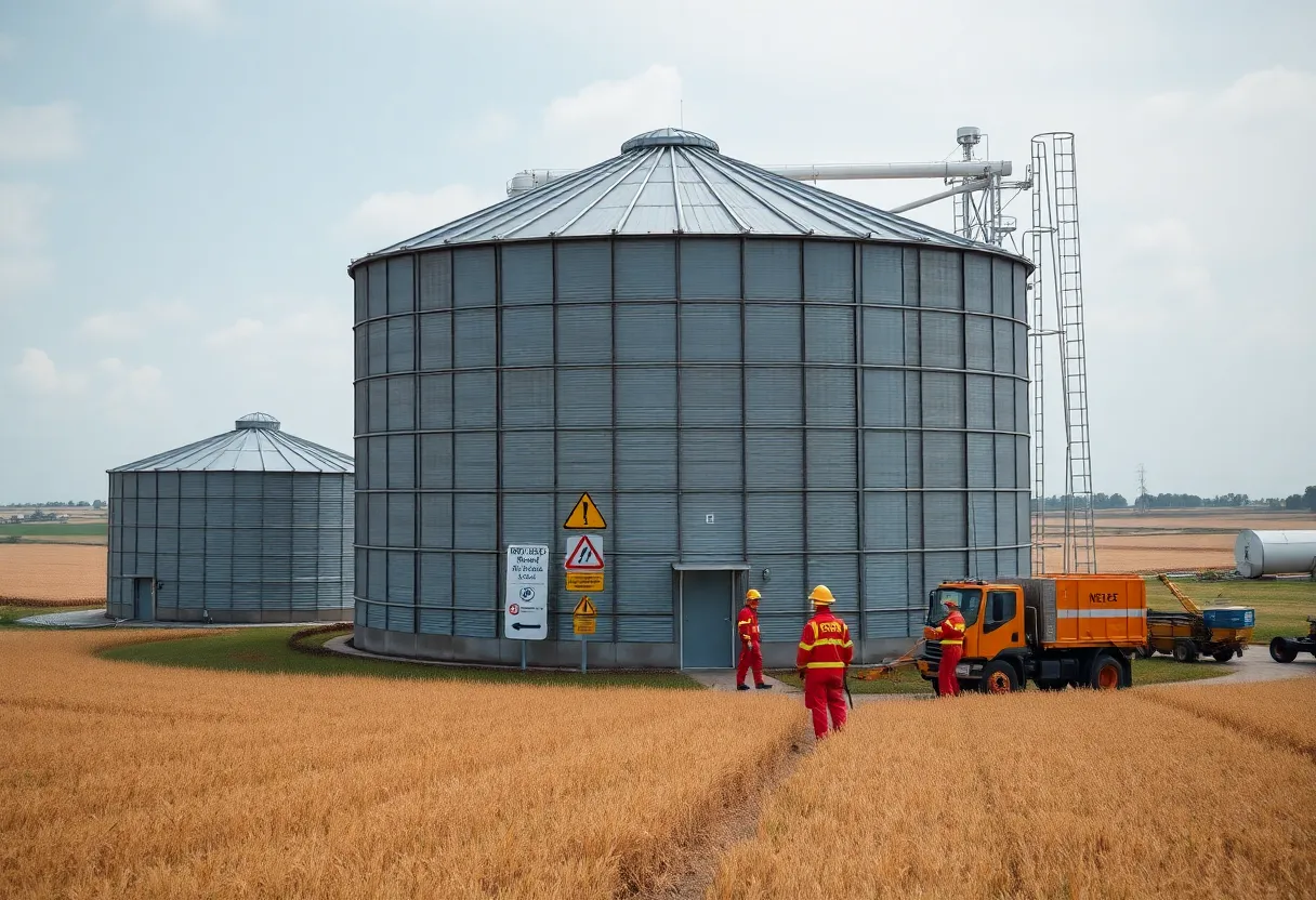 Grain bin at an agricultural facility highlighting safety measures