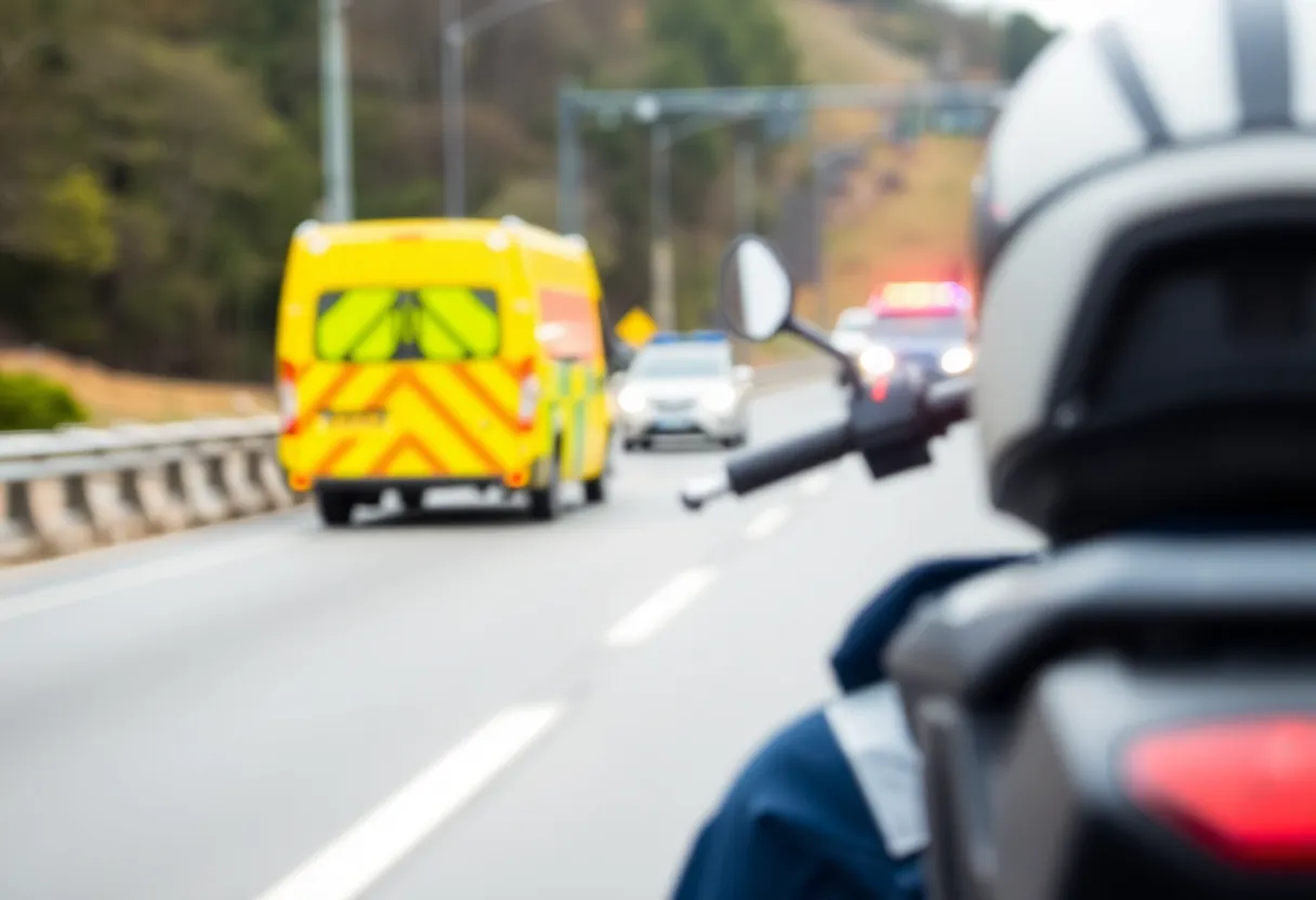 Motorcycle accident scene on a highway with emergency responders