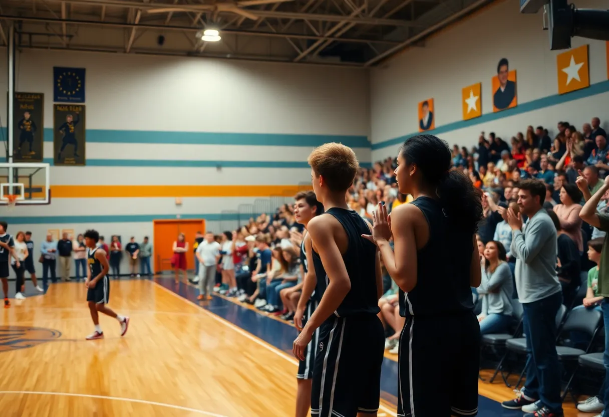 High school basketball players in action during the game between Myers Park and Hopewell.