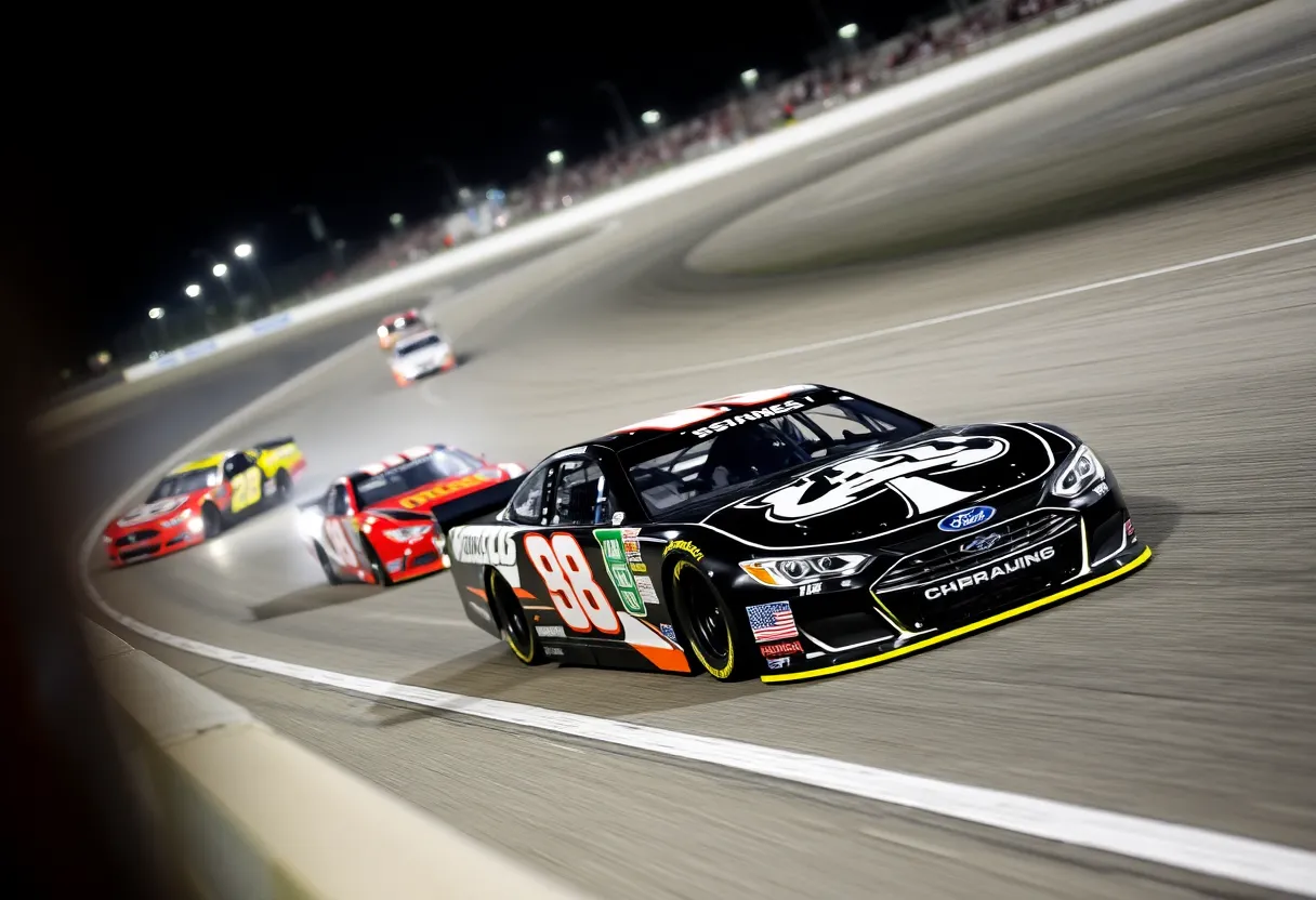NASCAR cars racing at high speed during the Chase championship.