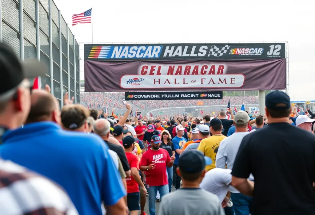 Fans celebrating at the NASCAR Hall of Fame induction ceremony