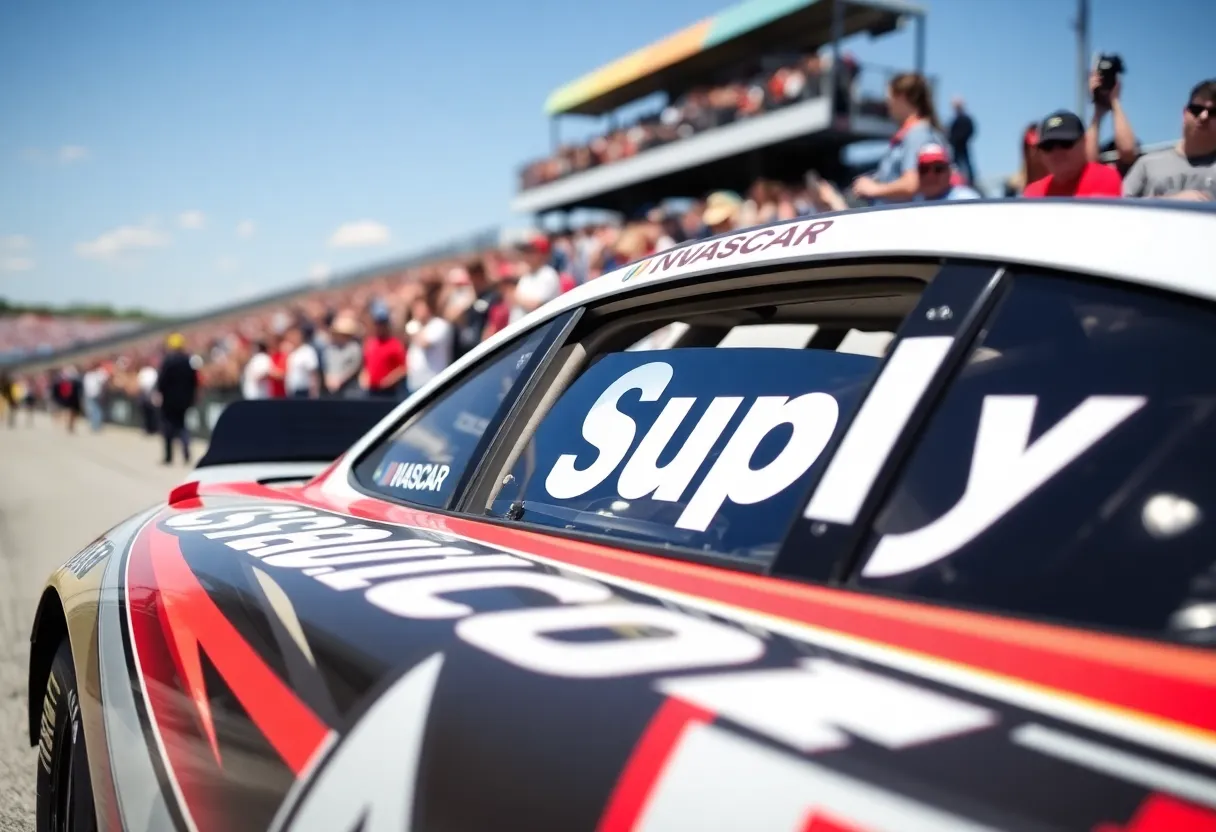 NASCAR race with branded car and enthusiastic fans