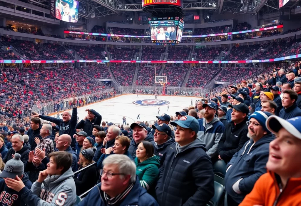 Crowd cheering at a sports event during winter weather changes