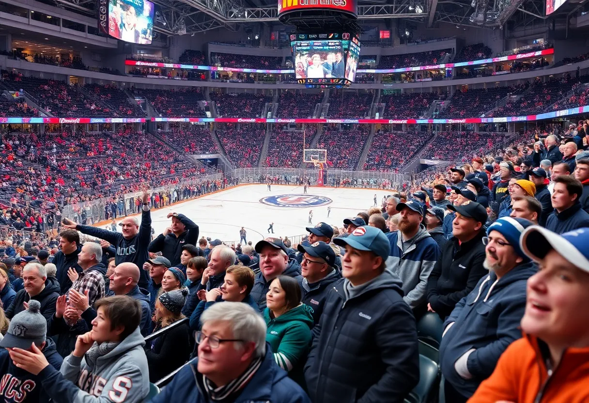 Crowd cheering at a sports event during winter weather changes