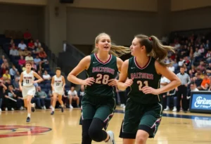 NC State women's basketball team celebrating their victory against Wake Forest.