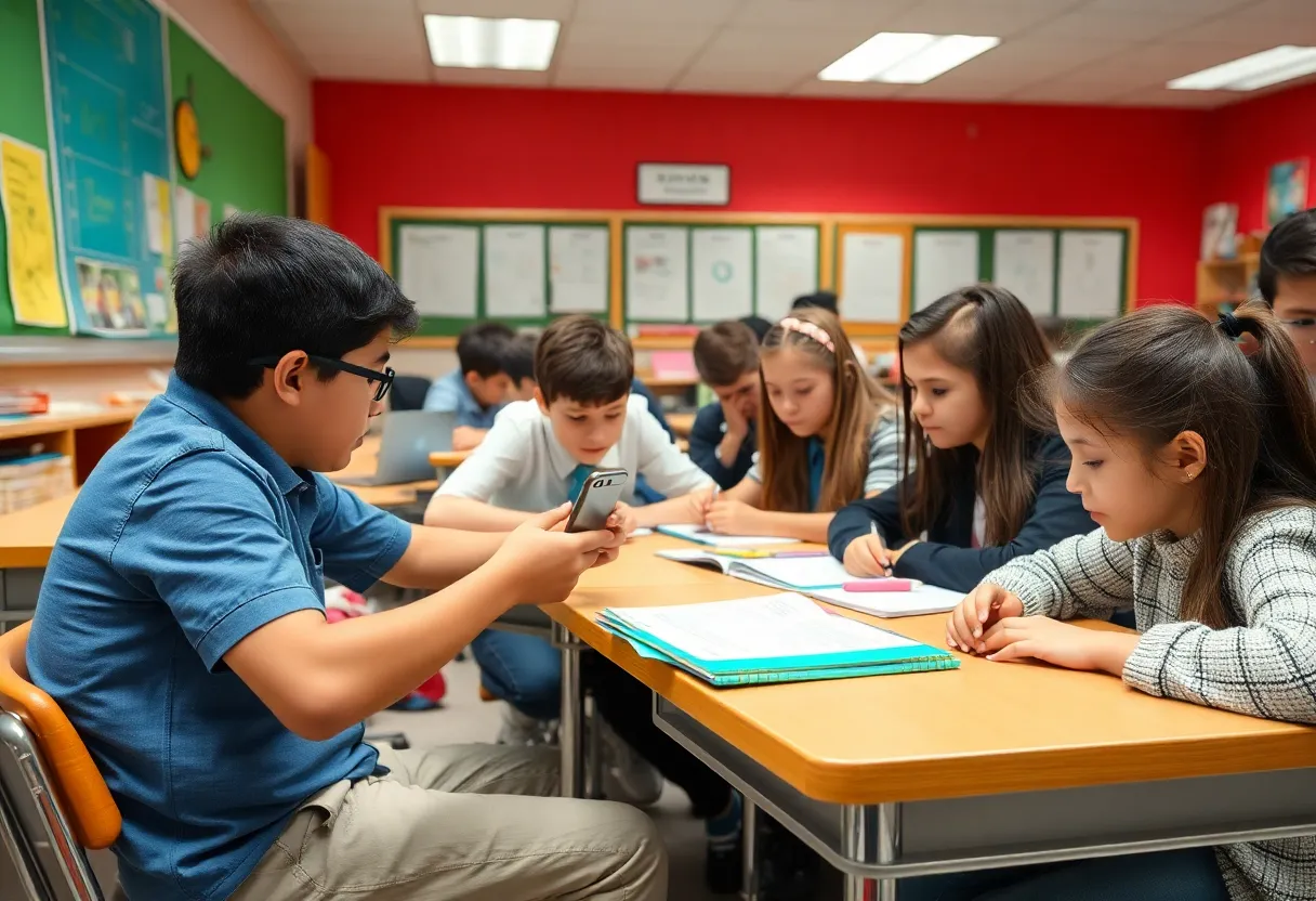 Students in a classroom without cell phones, engaged in learning.