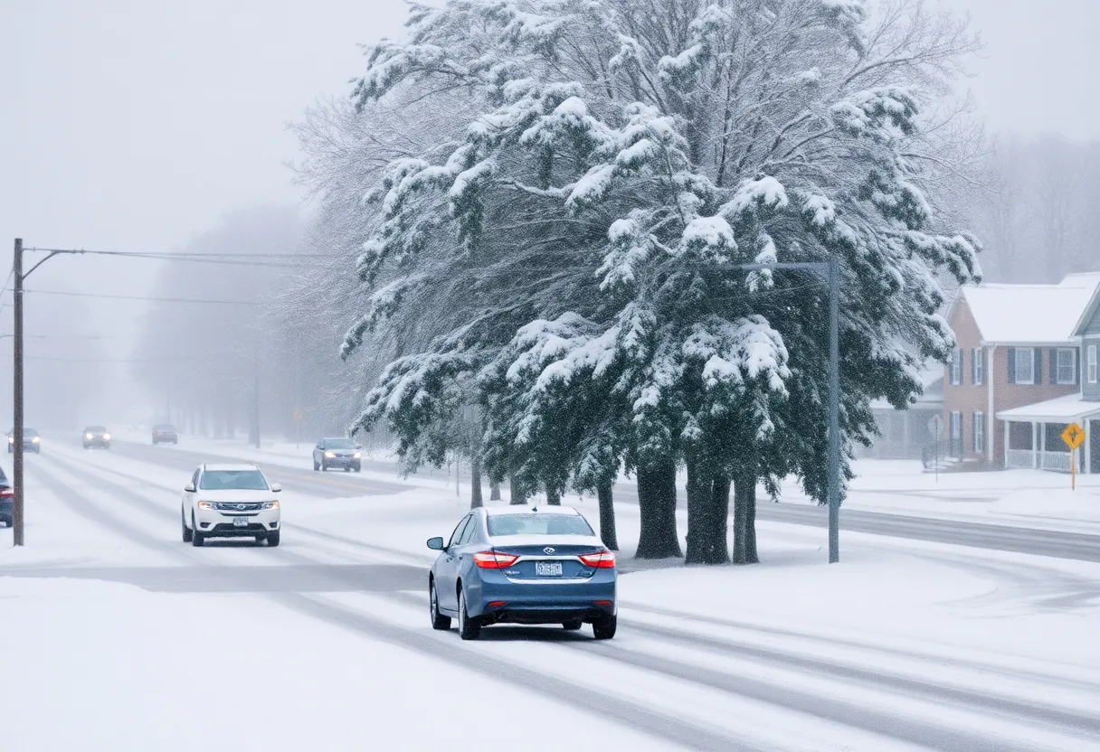 Snow-covered street following a winter storm in North Carolina
