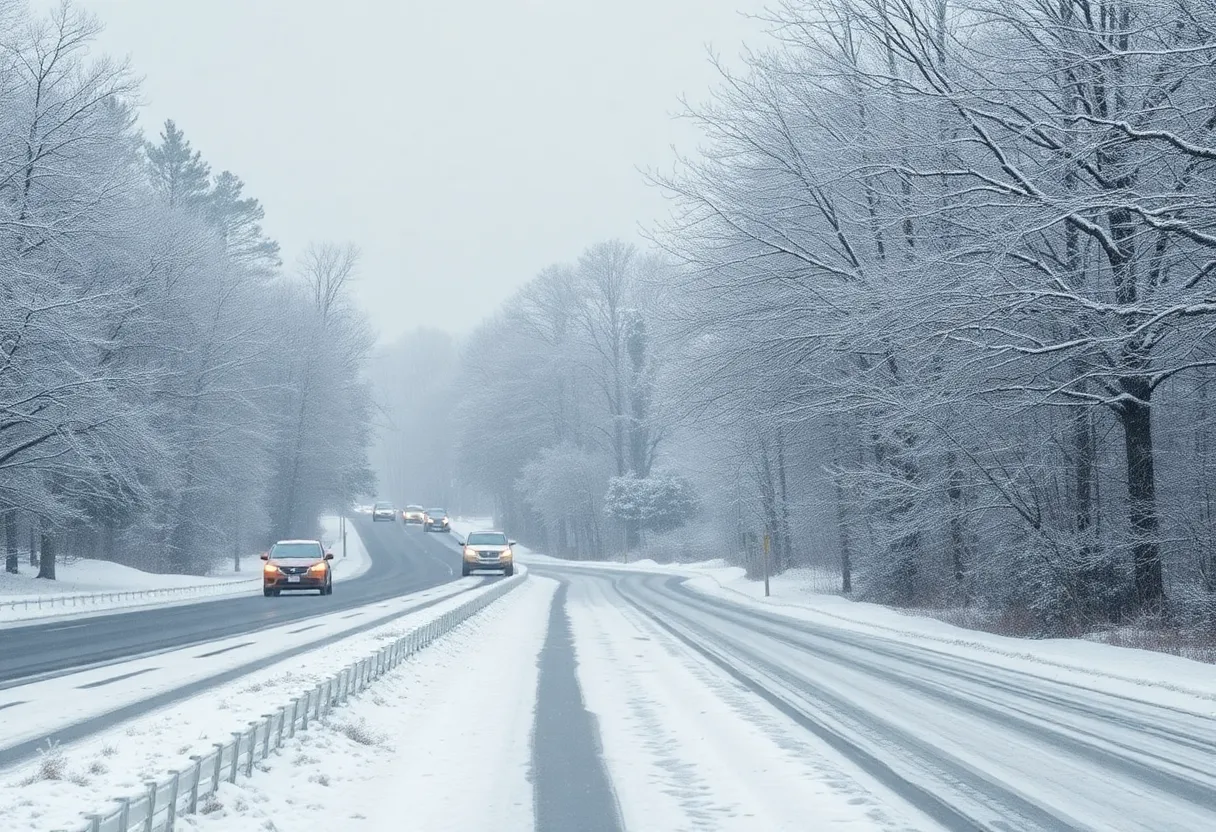 Winter storm scene in North Carolina with snow and ice