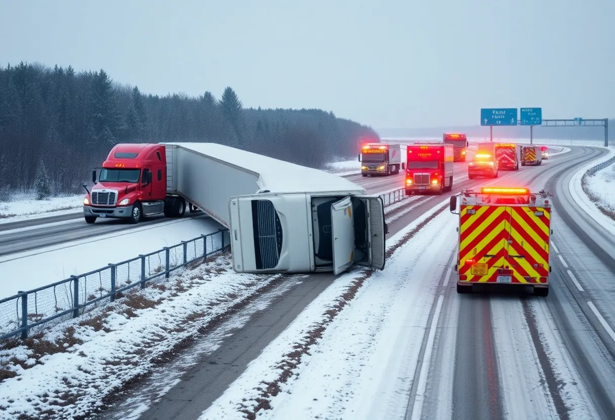 An overturned tractor-trailer on I-85 North during winter weather conditions